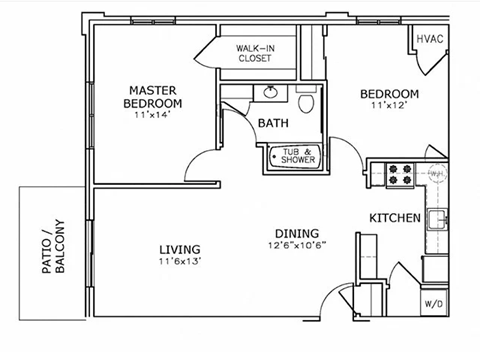 Floor plan for 2 beds, 1 bath, 840 sqft